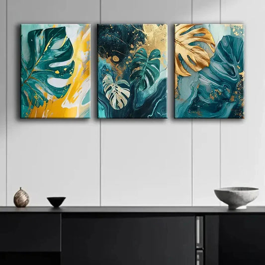 3pcs Colorful Teal and Golden Leaf Perfect Wall Art Set Canvas Framed 40x60cm - High Quality Print 100% Australian Made Wall Canvas Ready to Hang