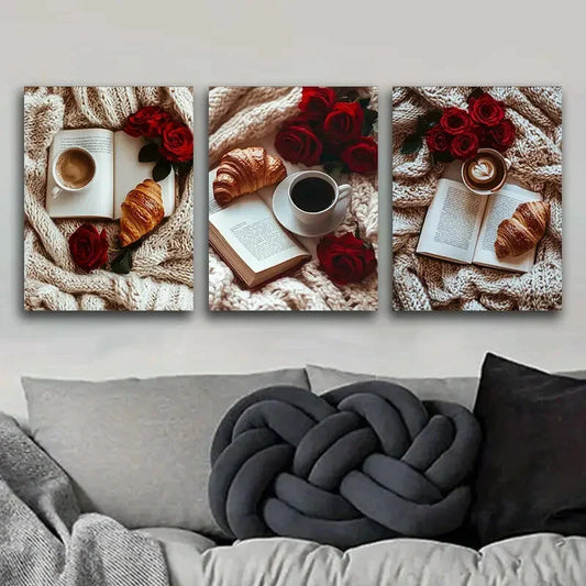 3pcs  A book, red roses, bread Metal Print Ready to Hang Art