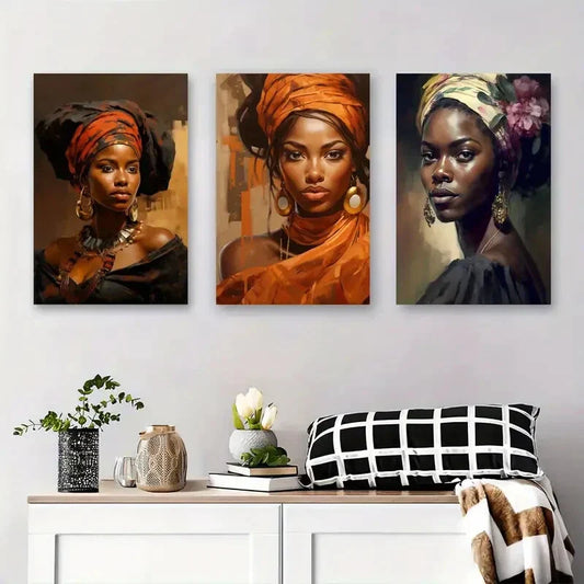 3pcs Black Beauty, Cultural Headdress, Elegant Metal Print Ready to Hang Art