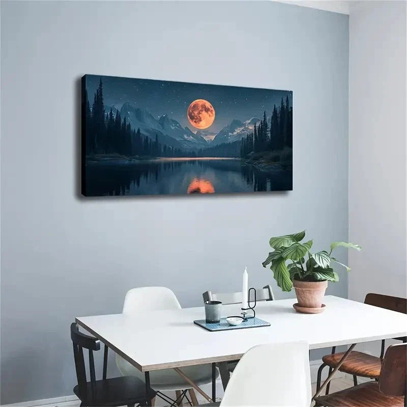 Mountain and Red Moon Landscape Wall Art Canvas Office Home Room Framed 120x60cm