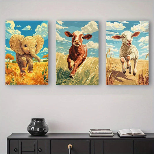 3pcs Abstract Animals Running Towards Bright Sky Metal Print Ready to Hang Art