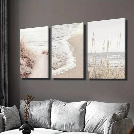 3pcs Sand Dunes Ocean Waves and Golden Grass Wall Art Set Canvas Framed 40x60cm - High Quality Print 100% Australian Made Wall Canvas Ready to Hang