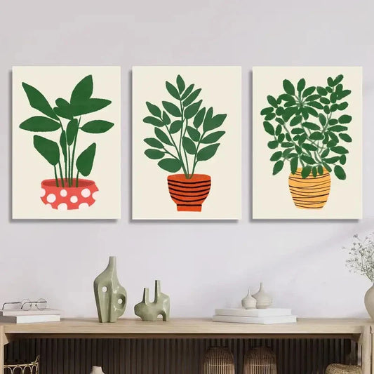 3pcs Painting of leaves growing in pot plant  Metal Print Ready to Hang Art