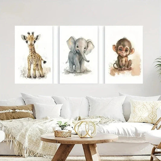 3pcs Little Monkey, Baby Elephant And Cute Giraffe Metal Print Ready to Hang Art