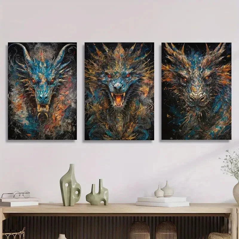 3pcs  Colorful fantasy dragon, retro Metal Print Ready to Hang Art