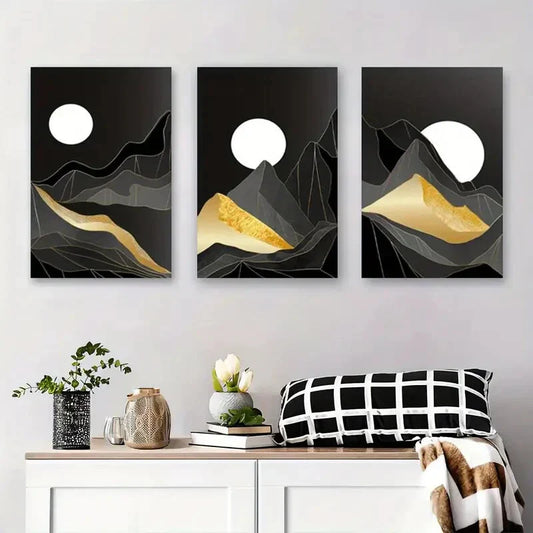 3pcs Black & Golden Mountain Design Metal Print Ready to Hang Art