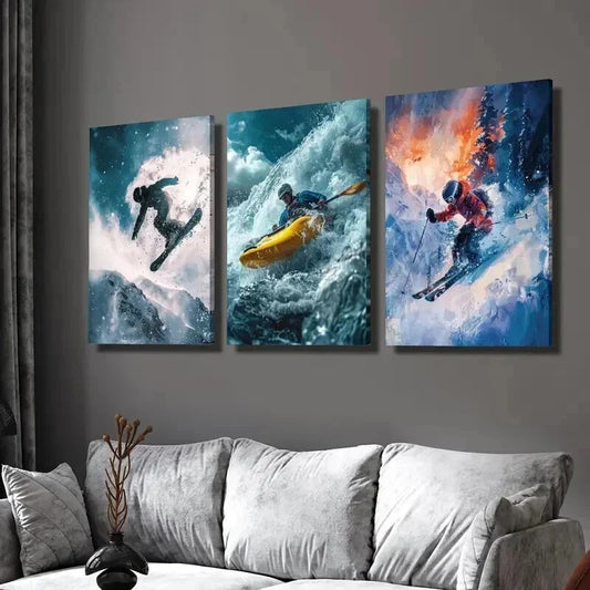 3pcs Skiing and Kayaking Surfing Wall Art Set Canvas Framed 40x60cm - High Quality Print 100% Australian Made Wall Canvas Ready to Hang