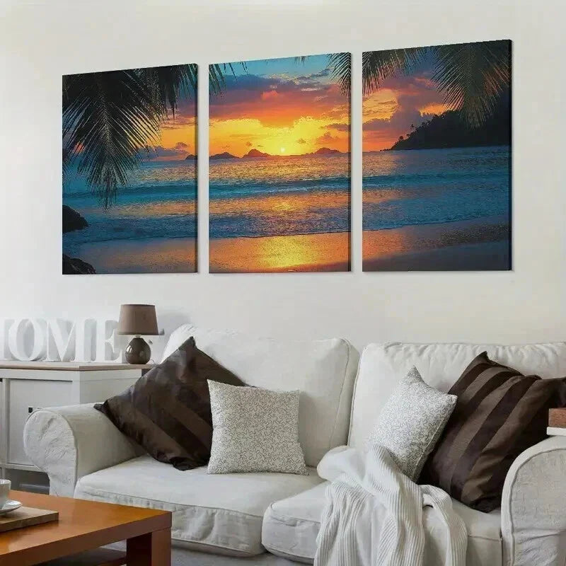3pcs Coastal Palm Tree Beach Decor Theme Wall Art Set Canvas Framed 40x60cm - High Quality Print 100% Australian Made Wall Canvas Ready to Hang