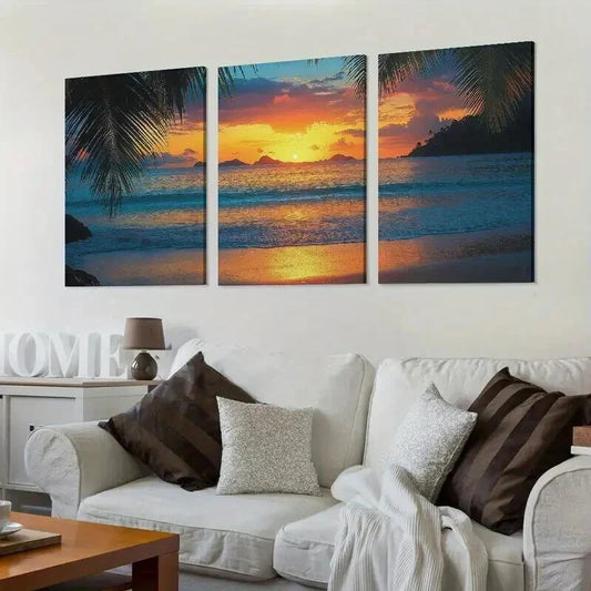 3pcs Coastal Palm Tree Beach Decor Theme Wall Art Set Canvas Framed 40x60cm - High Quality Print 100% Australian Made Wall Canvas Ready to Hang