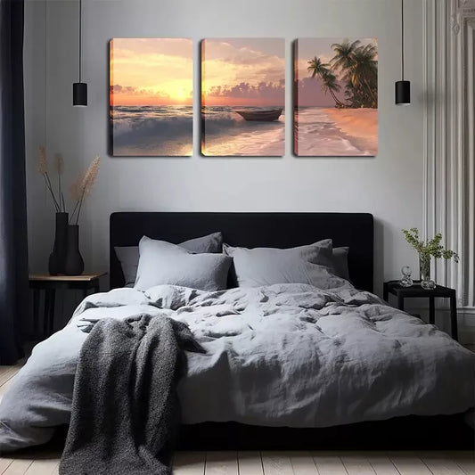 3pcs  Tropical Seascape with Palm Trees & Rowboat Wall Art Set Canvas Framed 40x60cm - High Quality Print 100% Australian Made Wall Canvas Ready to Hang