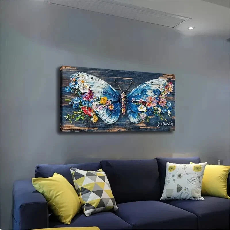 Blue Butterfly Floral Design Wall Art Canvas Office Home Room Framed 120x60cm