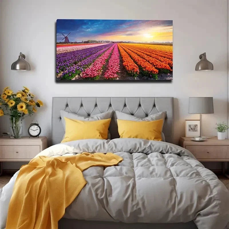 Vibrant Tulip Fields Wall Art Canvas Office Home Room Framed 80x45cm