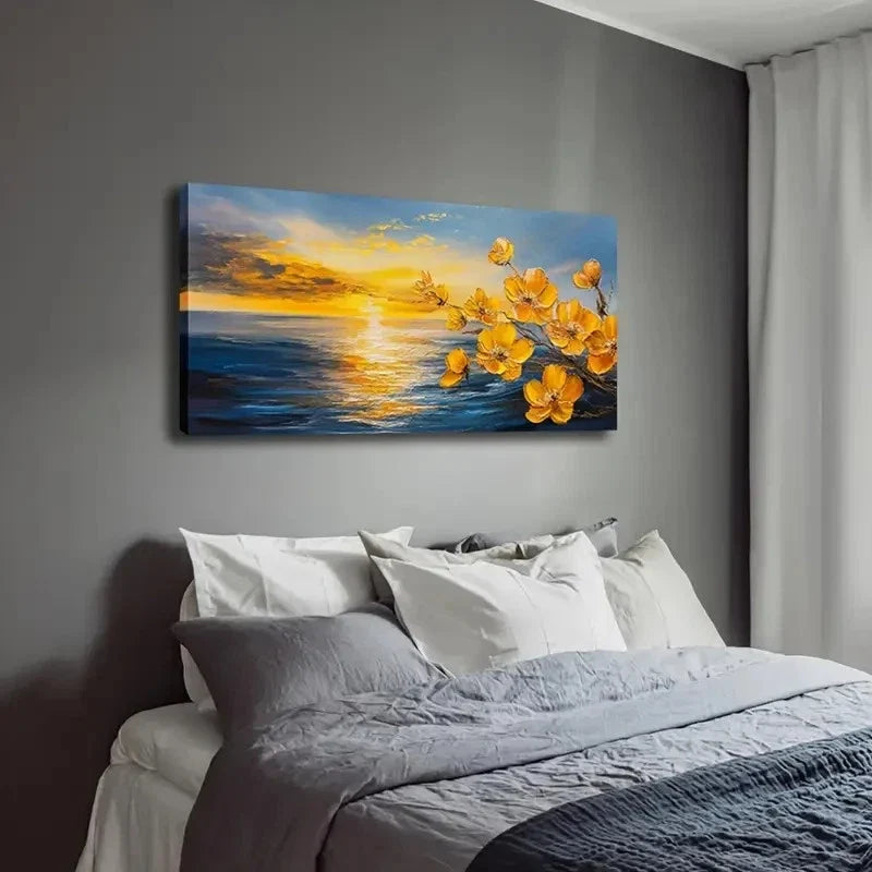Vibrant Sunset Beach Yellow Wall Art Canvas Office Home Room Framed 120x60cm