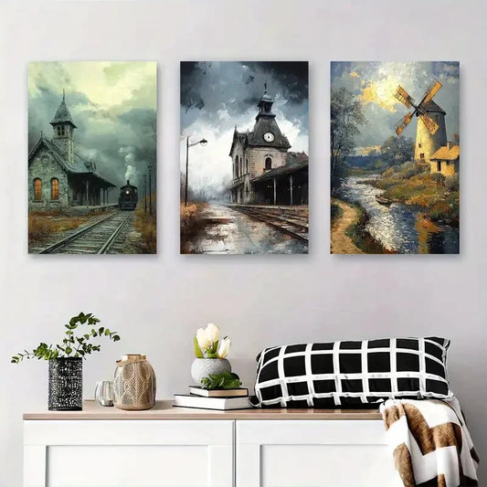 3pcs Vintage Train Station and Windmill Metal Print Ready to Hang Art