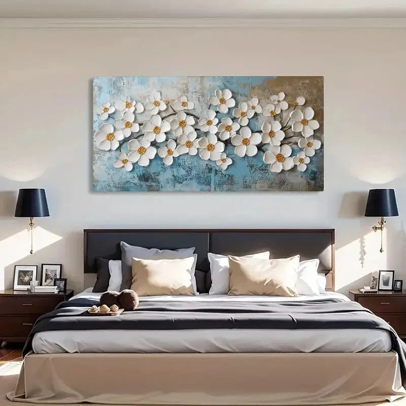 Elegant White Petals & Golden Wall Art Canvas Office Home Room Framed 120x60cm