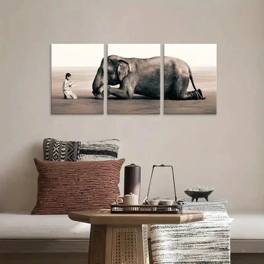 3pcs Elephant and Boy Cultural Poster Metal Print Ready to Hang Art