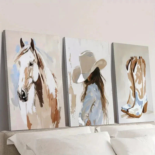 3pcs Horse, Cowgirl, and Boots Watercolor  Wall Art Set Canvas Framed 40x60cm - High Quality Print 100% Australian Made Wall Canvas Ready to Hang