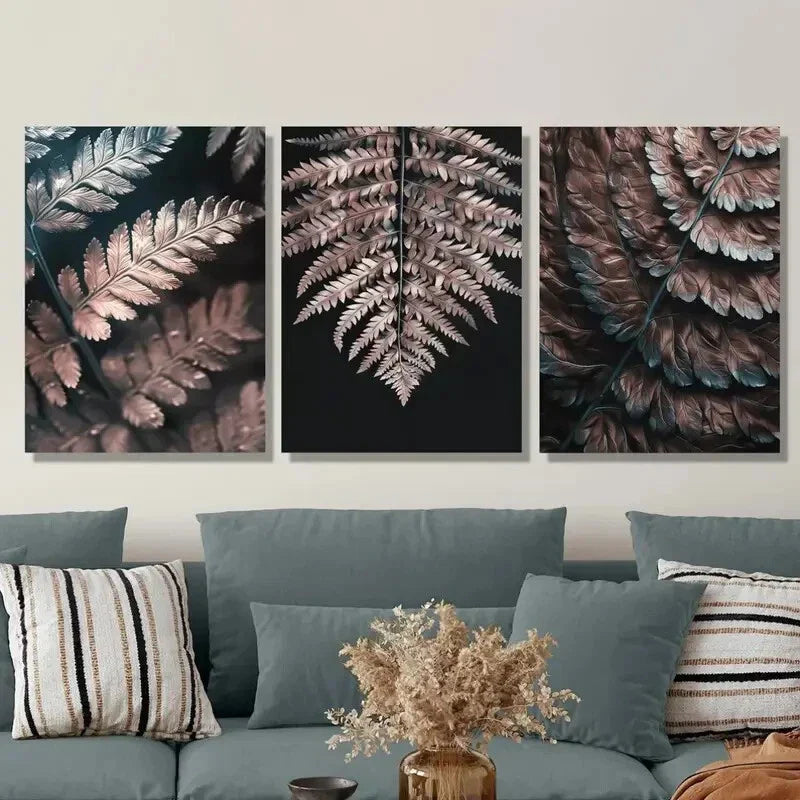 3pcs Fern Leaves Ink Painting Prints Metal Print Ready to Hang Art