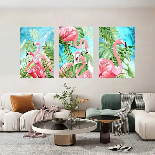 3pcs Three Pink Flamingo Family Metal Print Ready to Hang Art