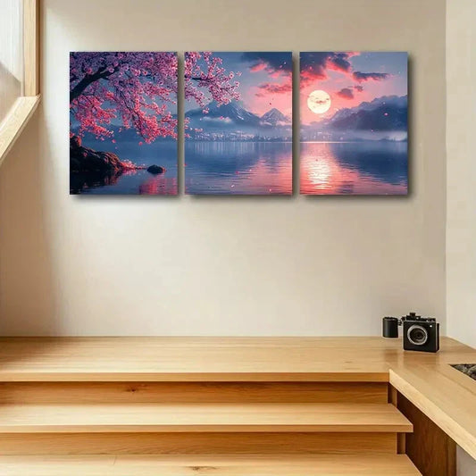 3pcs A cherry blossom, Moon & Mountain View Design Metal Print Ready to Hang Art