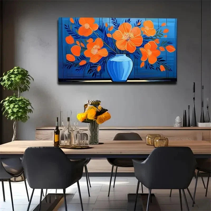 Vibrant Orange Floral Wall Art Canvas Office Home Room Framed 80x45cm