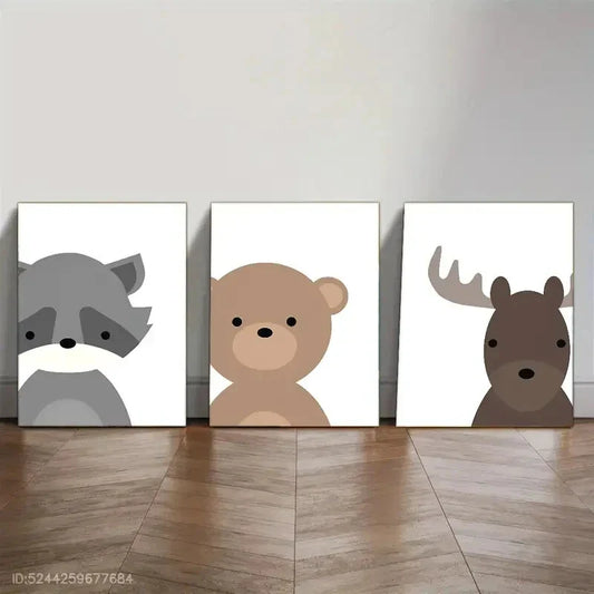 3pcs Raccoon Bear Sika Deer Elegant Metal Print Ready to Hang Art