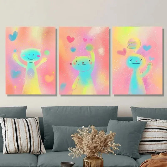 3pcs Cartoon cute pink spaceman, happy  Metal Print Ready to Hang Art