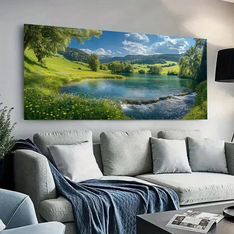 Serene Lake Lush Hills Sky wall canvas office home room framed 120x60cm