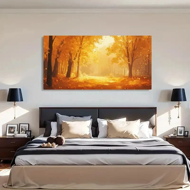 Autumn Forest Golden Hues Warm Wall Art Canvas Office Home Room Framed 120x60cm