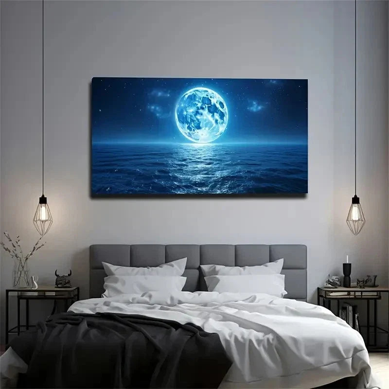 Blue Full Moon On The Sea Wall Art Canvas Office Home Room Framed 80x45cm