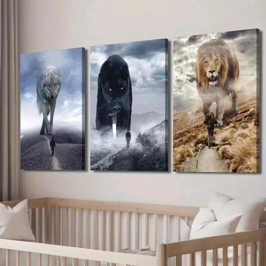 3pcs Giant Wolf Black Panther Lion & Tiny Human Wall Art Set Canvas Framed 40x60cm - High Quality Print 100% Australian Made Wall Canvas Ready to Hang