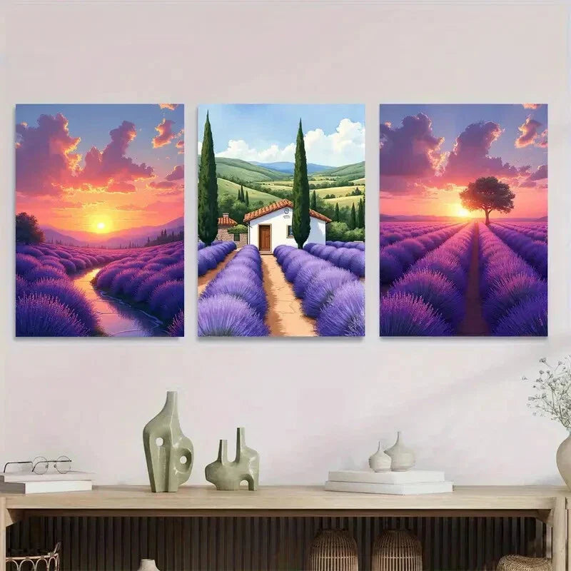 3pcs Beautiful Lavender Field Sunset Metal Print Ready to Hang Art