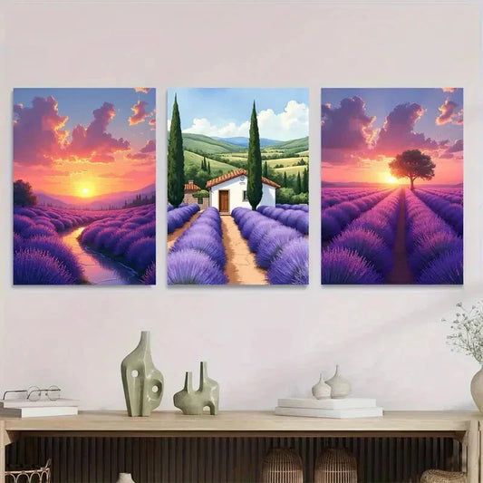3pcs Beautiful Lavender Field Sunset Metal Print Ready to Hang Art