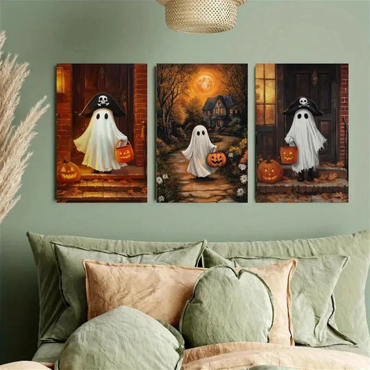 3pcs Spooky Ghosts with Pumpkins & Pirate Themes Metal Print Ready to Hang Art