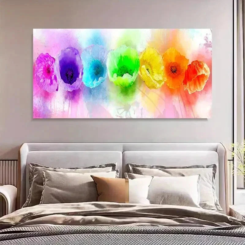 Vibrant Blossom Rainbow Poppies Wall Art Canvas Office Home Room Framed 120x60cm