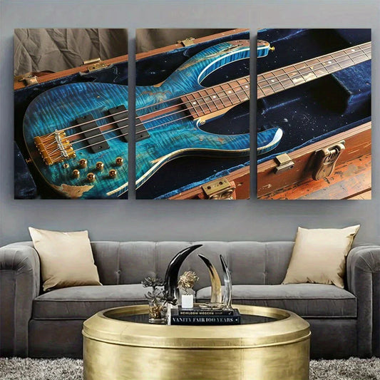 3pcs Retro Blue Electric Bass Modern Luxury Guitar Metal Print Ready to Hang Art