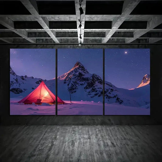 3pcs Snowy Mountain Pink Tent Metal Print Ready to Hang Art