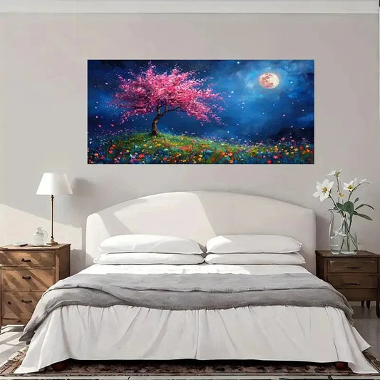 Moon Floral Tree Night Wall Art Canvas Office Home Room Framed 80x45cm