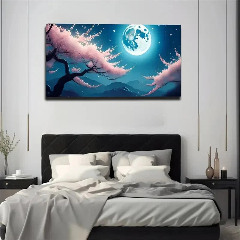 Moonlit Cherry Blossom & Moon Wall Art Canvas Office Home Room Framed 120x60cm