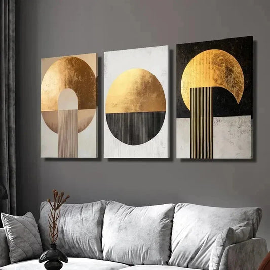 3pcs Golden and Copper Geometric Abstract Wall Art Set Canvas Framed 40x60cm - High Quality Print 100% Australian Made Wall Canvas Ready to Hang