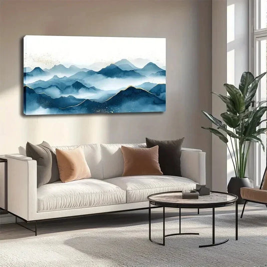 Teal Blue Mountains & Snow Wall Art canvas office home room framed 120x60cm