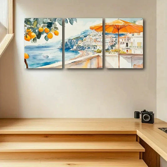 3pcs Seaside Town with Sea and lemon View Metal Print Ready to Hang Art