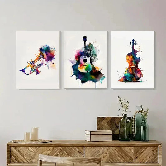 3pcs Guitar Trumpet Violin Vibrant Color Metal Print Ready to Hang Art