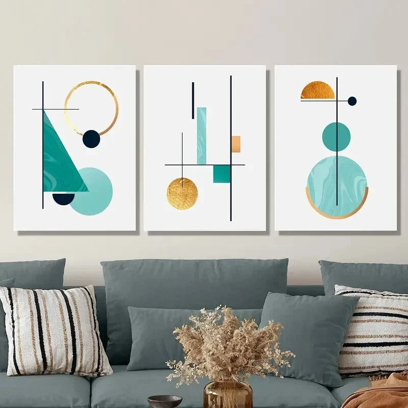 3pcs Abstract trio, circles, triangles, artistic Metal Print Ready to Hang Art