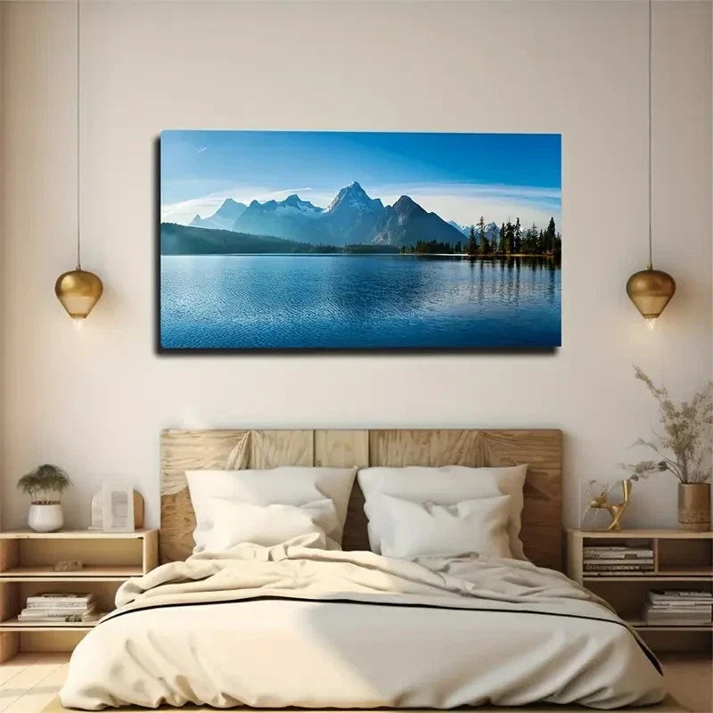 Serene Mountain Lake Wall Art Canvas Office Home Room Framed 80x45cm