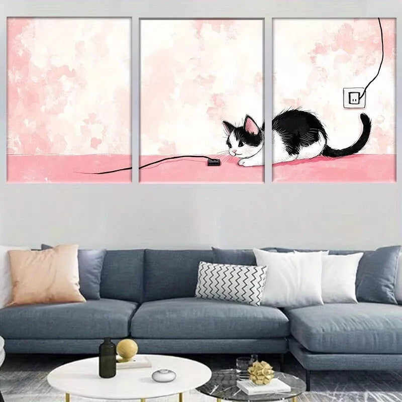 3pcs Playful Kitten & Electric Cord Modern Wall Art Set Canvas Framed 40x60cm - High Quality Print 100% Australian Made Wall Canvas Ready to Hang