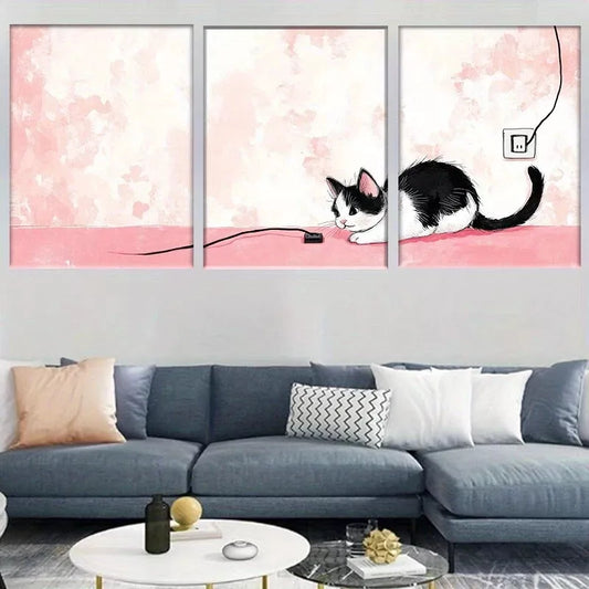 3pcs Playful Kitten & Electric Cord Modern Wall Art Set Canvas Framed 40x60cm - High Quality Print 100% Australian Made Wall Canvas Ready to Hang