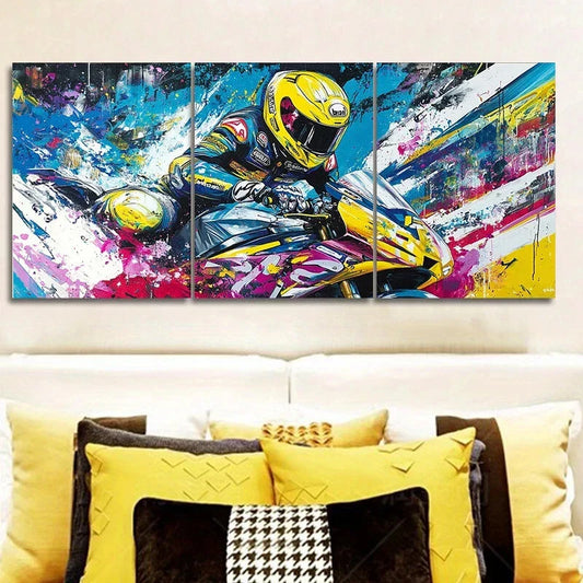 3pcs Superbike Motorcycle Rider Design Vibrant Metal Print Ready to Hang Art