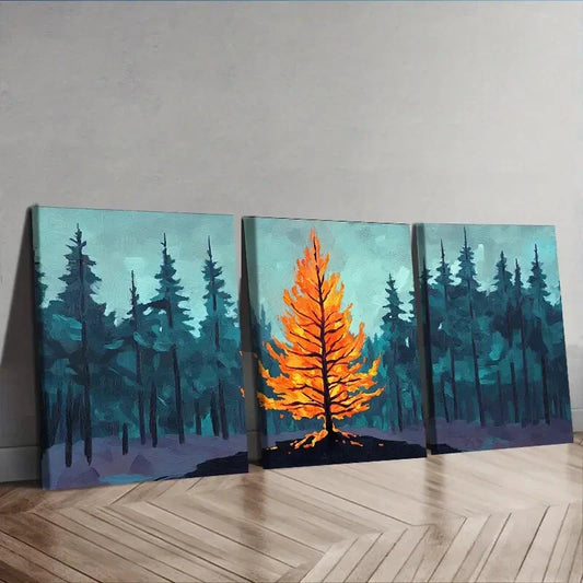 3pcs Fire in Forest Design, Nature Trees Wall Art Set Canvas Framed 40x60cm - High Quality Print 100% Australian Made Wall Canvas Ready to Hang