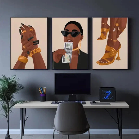 3pcs Black Girl Art Female Portrait Painting Metal Print Ready to Hang Art
